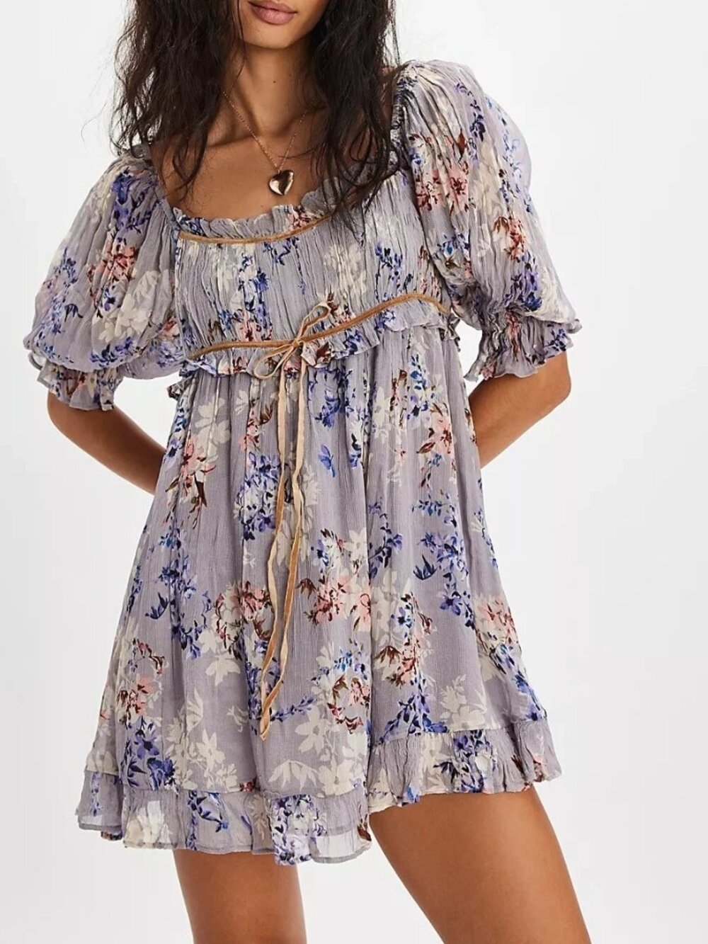 Free People Marney Mini Dress Floral Printed Puff Sleeve Beach Boho S